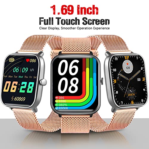 Smartwatch, Reloj Inteligente A Prueba de Agua IP67, Smart Watch 1.69 Pulgadas Táctil Completa con 24 Deportes, Ritmo Cardíaco, Caloría, GPS, Pulsera de Actividad Inteligente con iOS Android(Rosa)