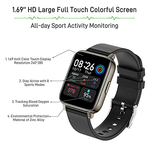 Smartwatch, Reloj Inteligente Hombre Mujer 1,69” Deportivos, Pulsera Actividad Reloj Sport con Pulsómetro Monitor de Sueño Monitores Calorías Podómetro IP68 Impermeable Negr Watch para Android iOS