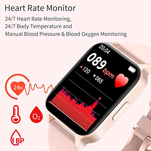 Smartwatch,1.69" Reloj Inteligente Mujer con Temperatura,Impermeable IP68 Fitness Reloj 24 Modos Deporte con Pulsómetro Monitor de Sueño Calorías Podómetro para Android iOS (Rosado)