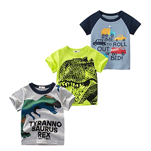 Snyemio Pack de 3 Camiseta Manga Corta Niños Algodón Bebé Estampada Dinosaurio Dibujos Animales Verano 1-7 años, Gris, 128-134(Etiqueta 130