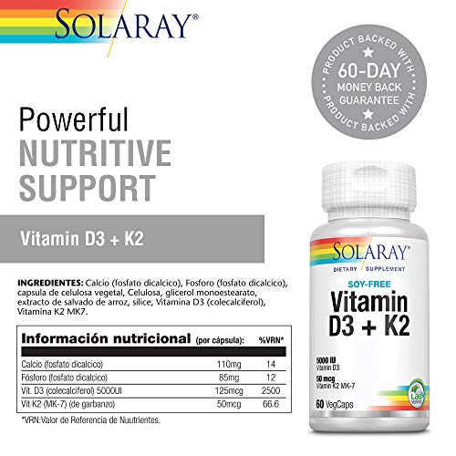 Solaray Vitamina D3 + K2 | Favorece la absorción de calcio y apoya al sistema cardiovascular y arterial | Sin Soja, gluten | Apto para Vegetarianos | 60 VegCap