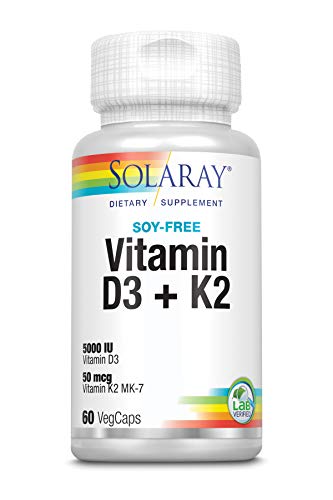 Solaray Vitamina D3 + K2 | Favorece la absorción de calcio y apoya al sistema cardiovascular y arterial | Sin Soja, gluten | Apto para Vegetarianos | 60 VegCap