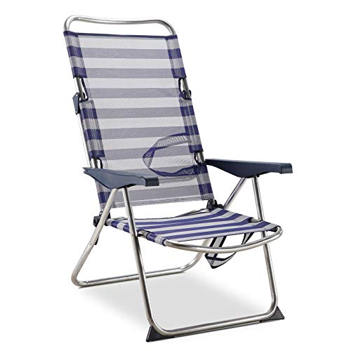 Solenny 50001072725175 50001072725175-Silla de Playa Cama Plegable 4 Posiciones Azul y Blanco con Asas