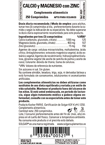 Solgar | Contiene Calcio Magnesio y Zinc | Fórmula combinada de calcio, magnesio y zinc | Minerales | 250 Cápsulas Vegetales