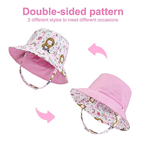 Sombrero para el Sol para niños pequeños Sombrero de Cubo de Verano para bebés de ala Ancha UPF50 Gorra Rosa de Doble Cara con Estampado de Sirena para bebés, niños, niñas, niños de 3-6 Meses