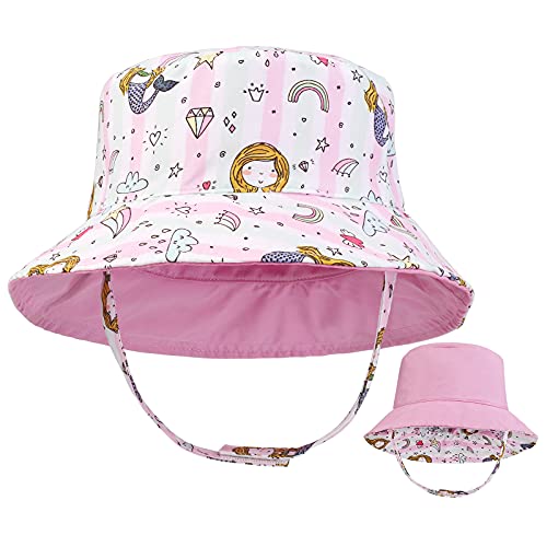 Sombrero para el Sol para niños pequeños Sombrero de Cubo de Verano para bebés de ala Ancha UPF50 Gorra Rosa de Doble Cara con Estampado de Sirena para bebés, niños, niñas, niños de 3-6 Meses