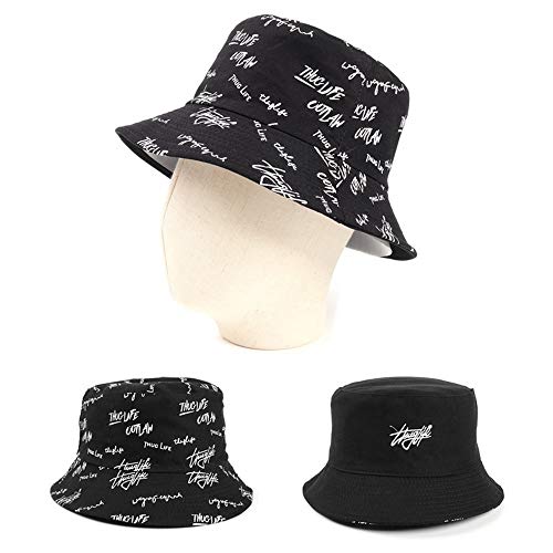 Sombrero Pescador, Soft Cotton Sun Cap Letra Creativa Graffiti Plegable Sombrero de Cubo de Doble Cara para Viajes de Pesca al Aire Libre (Negro)
