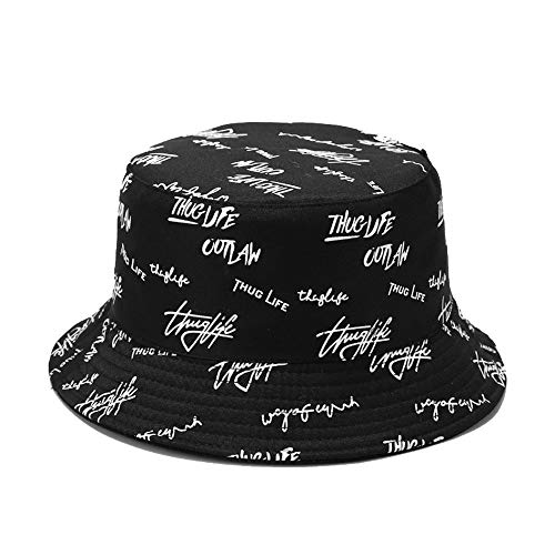 Sombrero Pescador, Soft Cotton Sun Cap Letra Creativa Graffiti Plegable Sombrero de Cubo de Doble Cara para Viajes de Pesca al Aire Libre (Negro)