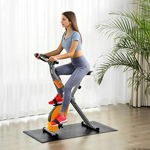 SONGMICS Bicicleta Estática, Bicicleta Fitness, Entrenador Plegable Indoor, 8 Niveles de Resistencia Magnética, con Alfombrilla, Sensor de Pulso, Soporte Telefónico, 100 kg Máx. Naranja SXB11OG