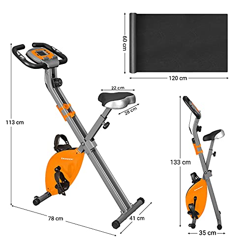 SONGMICS Bicicleta Estática, Bicicleta Fitness, Entrenador Plegable Indoor, 8 Niveles de Resistencia Magnética, con Alfombrilla, Sensor de Pulso, Soporte Telefónico, 100 kg Máx. Naranja SXB11OG