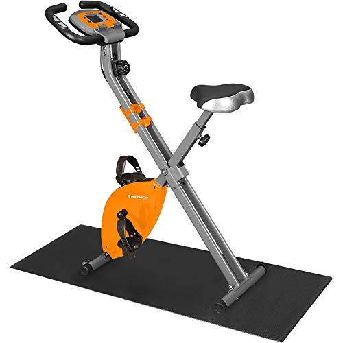 SONGMICS Bicicleta Estática, Bicicleta Fitness, Entrenador Plegable Indoor, 8 Niveles de Resistencia Magnética, con Alfombrilla, Sensor de Pulso, Soporte Telefónico, 100 kg Máx. Naranja SXB11OG