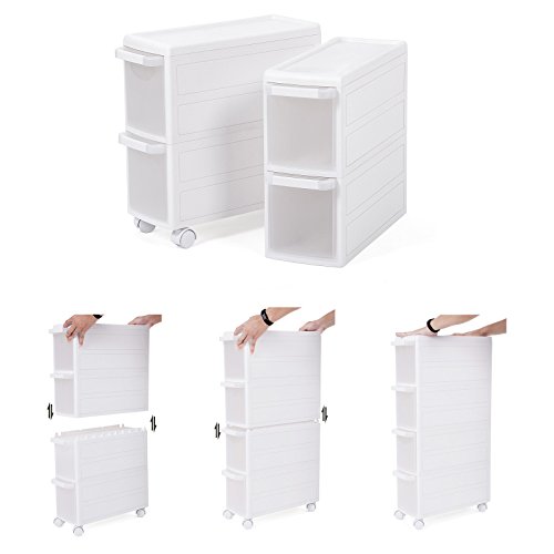 SONGMICS Carrito Estrecho con Ruedas, Estantería de Almacenamiento con Cajones, 4 Niveles Utilizables por Separado, Plástico PP, Blanco, 18 x 46 x 84,5 cm (Anchura x Profundiad x Altura) KFR05W