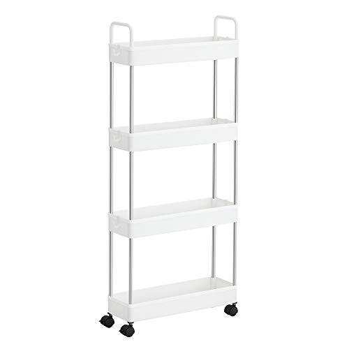 SONGMICS Carro de Almacenamiento, Carro de Cocina de 4 Niveles, Carrito de baño para Espacio Estrecho con Ruedas y Asas, 40 x 13 x 93 cm, Blanco KSC018W01