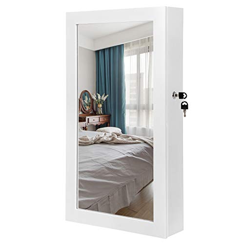 SONGMICS Espejo Joyero Colgante, Armario para Bisuterías Montado en Pared, con Imán y Llaves, Blanco, Navidad, JBC51W