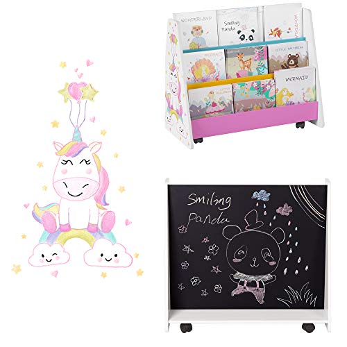 SONGMICS Librería Infantil, Estantería de Libros para niños, con Pizarra, Ruedas, estantes, para habitación de los niños, Sala de Juegos, Blanco, Azul, Rosa, Amarillo y Negro, Navidad, GKR075W01