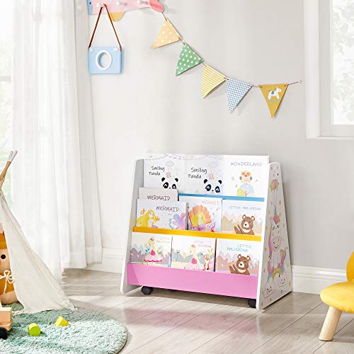 SONGMICS Librería Infantil, Estantería de Libros para niños, con Pizarra, Ruedas, estantes, para habitación de los niños, Sala de Juegos, Blanco, Azul, Rosa, Amarillo y Negro, Navidad, GKR075W01