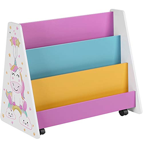 SONGMICS Librería Infantil, Estantería de Libros para niños, con Pizarra, Ruedas, estantes, para habitación de los niños, Sala de Juegos, Blanco, Azul, Rosa, Amarillo y Negro, Navidad, GKR075W01