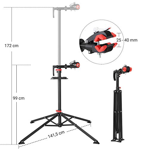 SONGMICS Soporte de Reparación de Bicicletas con Bandeja Magnética, Soporte de Mantenimiento de Bicicletas Telescópicas de Liberación Rápida, Ligero y Portátil, Negro SBR05B