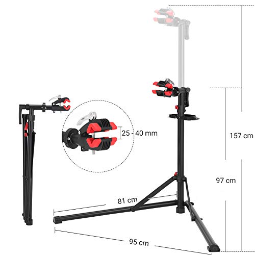 SONGMICS Soporte de Reparación de Bicicletas, Mantenimiento Resistente y Robusto con 2 Patas, Asas de Liberación Rápida, Cabeza de Acero Soldada con Abrazadera de Ajuste de 360°, Negro SBR07B