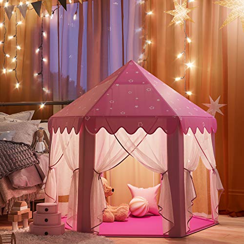 SONGMICS Tienda de Princesa, Carpa para Niños con Tul de Hadas, Castillo con Bolsa de Transporte, Espacio Privado para hasta 3 Niños, 140 x 120 x 135 cm, Rosa LPT601P01