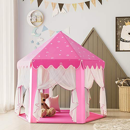 SONGMICS Tienda de Princesa, Carpa para Niños con Tul de Hadas, Castillo con Bolsa de Transporte, Espacio Privado para hasta 3 Niños, 140 x 120 x 135 cm, Rosa LPT601P01