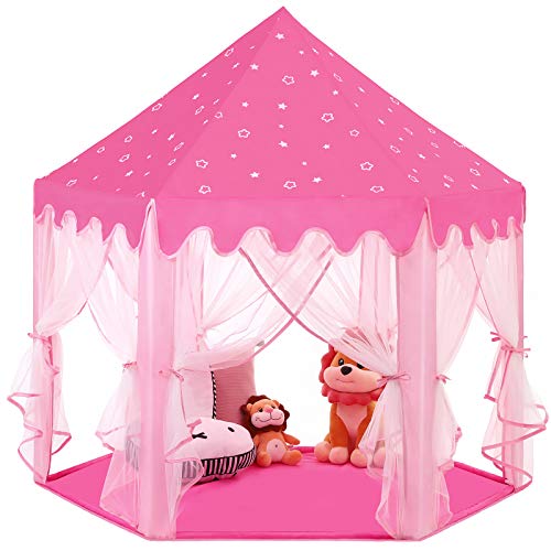 SONGMICS Tienda de Princesa, Carpa para Niños con Tul de Hadas, Castillo con Bolsa de Transporte, Espacio Privado para hasta 3 Niños, 140 x 120 x 135 cm, Rosa LPT601P01