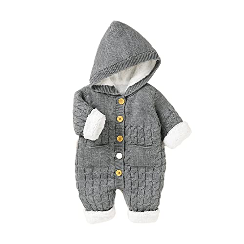 SOONHUA Mono de punto para bebé recién nacido, traje con capucha y forro polar con bolsillos, para niñas y niños de 0 a 18 meses, Gris medio, 80 cm