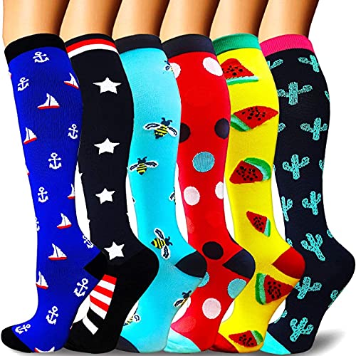 Sooverki Medias de compresión, Calcetines de compresión Mujer y Hombre, Calcetines Compresivos Enfermera para Trabajo, Ciclismo, Trotar, Correr, Deporte, Volar, Viajar A8-Multicolor-6 Paia S/M