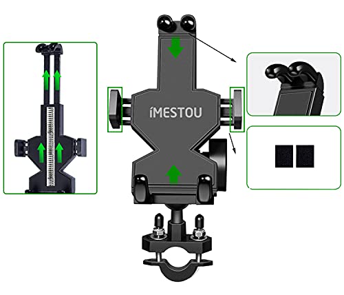 Soporte de aluminio para teléfono para bicicleta, iMESTOU, soporte para teléfono móvil, longitud ajustable y ancho para teléfonos grandes de 18.2 cm, resistente en manillares de 1.5 a 3.5 cm.