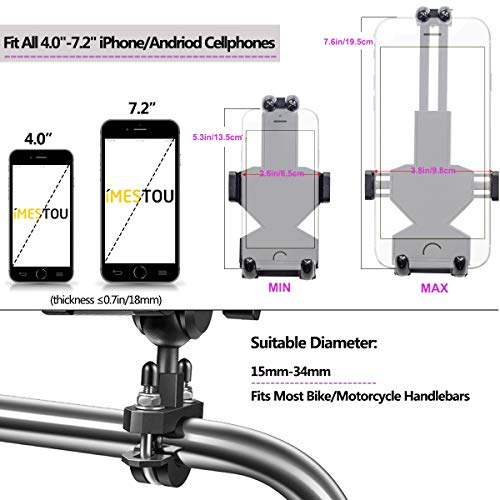 Soporte de aluminio para teléfono para bicicleta, iMESTOU, soporte para teléfono móvil, longitud ajustable y ancho para teléfonos grandes de 18.2 cm, resistente en manillares de 1.5 a 3.5 cm.