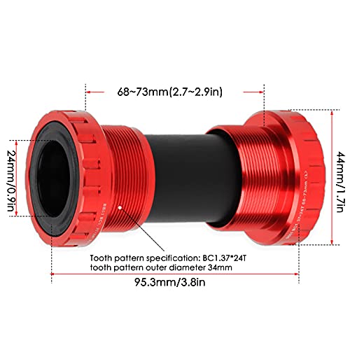 Soporte de Eje Inferior de Bicicleta, 68-73 mm Eje Inferior de Bicicleta Rosca de Carcasa BC1.37-24T Rodamientos Tipo BB51 Eje Central de Bicicleta Integrado con 3 2.5 mm Arandelas (Rojo)