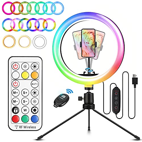 Soporte de luz de anillo RGB, kit de luz de anillo de 10.2 pulgadas con soporte de trípode y soporte para teléfono, 29 colores, 4 modos y 9 luces de fotografía LED de brillo para maquillaje/fotografía