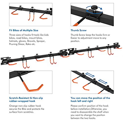 Soporte de Pared para Bicicletas,Colgador de Bici de Pared,Soporte aparcar para 6 Bicicletas,Soporte de Bicicleta con Gancho de Garaje,para Organizar Herramientas,Bicicletas -10 Ganchos y 2 carriles