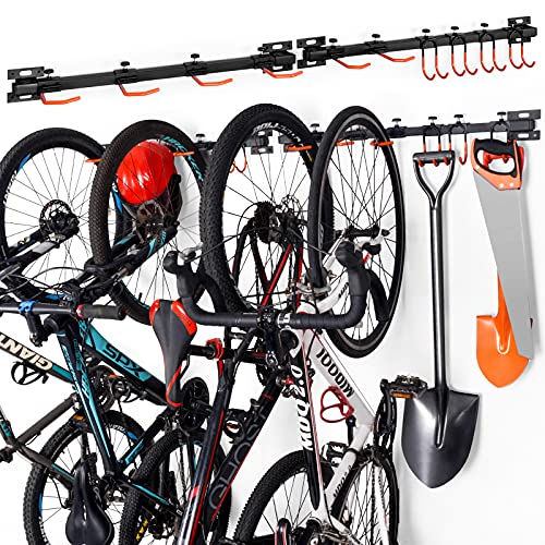 Soporte de Pared para Bicicletas,Colgador de Bici de Pared,Soporte aparcar para 6 Bicicletas,Soporte de Bicicleta con Gancho de Garaje,para Organizar Herramientas,Bicicletas -10 Ganchos y 2 carriles