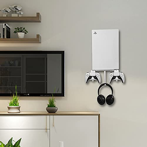 Soporte de Pared para PS5 Consola, Soporte para Controlador extraíble y Soporte para Auriculares, Accesorios Compatible con Consola PS5 con Tornillos y Abertura de Ventilación, Ahorra Espacio, Blanco