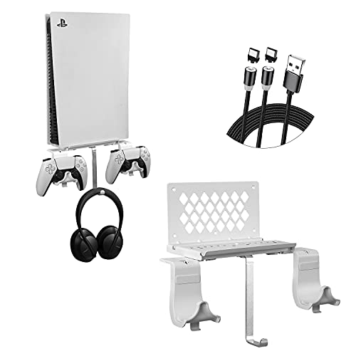 Soporte de Pared para PS5 Consola, Soporte para Controlador extraíble y Soporte para Auriculares, Accesorios Compatible con Consola PS5 con Tornillos y Abertura de Ventilación, Ahorra Espacio, Blanco