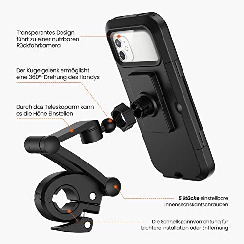 Soporte de teléfono móvil para Bicicleta, Soporte de Smartphone Impermeable con Pantalla táctil, Giratorio 360°, Altura Ajustable para iPhone Samsung Galaxy Huawei a 6,7 Pulgadas, Motocicleta, Negro