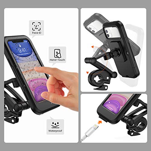 Soporte de teléfono móvil para Bicicleta, Soporte de Smartphone Impermeable con Pantalla táctil, Giratorio 360°, Altura Ajustable para iPhone Samsung Galaxy Huawei a 6,7 Pulgadas, Motocicleta, Negro