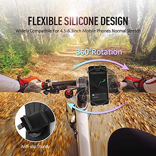 Soporte para Movil Bicicleta,Soporte Movil Moto,GPS Universal Rotación 360° Manillar,Soporte Desmontable Moto,Bici,Soporte Movil Carrito Bebe,Ajustable Silicona 4.5"-6.5"