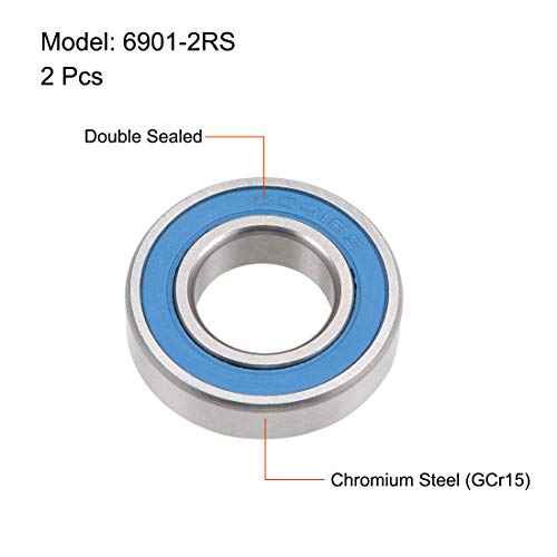 sourcing map 6901-2RS Profunda Ranura Bola Rodamientos 12mm x 24mm x 6mm Doble Sellado Cromado Acero Azul Cubierta P6(ABEC3) 2uds