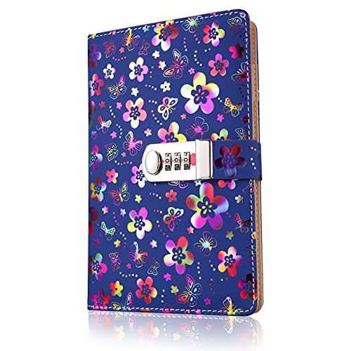SouUHE - Cuaderno de notas, diario con diseño de flores, tamaño A5, con candado y contraseña