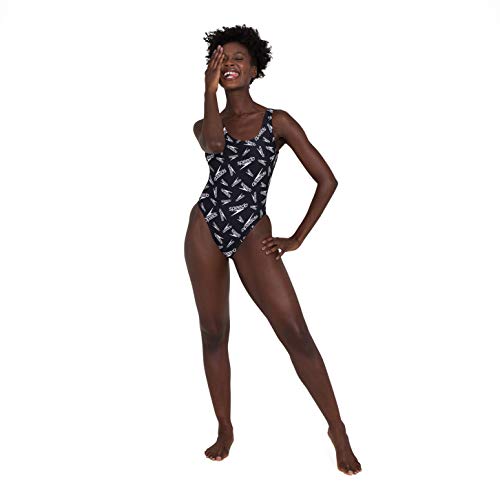Speedo Allover Deep U-Back 1 Piece Swimsuit, Mujer, Black/White, 34 (UK 12)