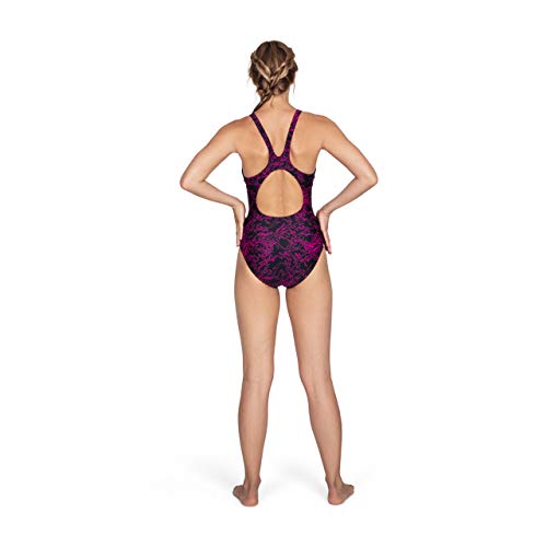 Speedo Boom Allover, Bañador para Mujer, multicolor (Negro/rosa eléctrico (Lava Red Liner And Branding)), talla 36 EU