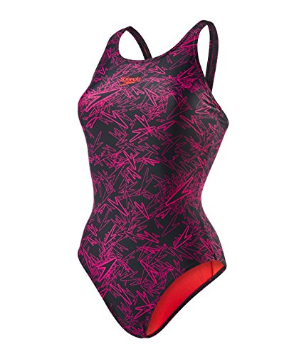 Speedo Boom Allover, Bañador para Mujer, multicolor (Negro/rosa eléctrico (Lava Red Liner And Branding)), talla 36 EU