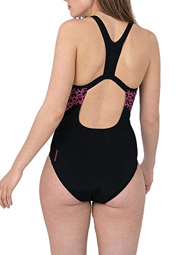 Speedo Boom Splice Muscleback Bañadores de Mujer para Natación, Color Negra/Rosa eléctrico, Talla 44