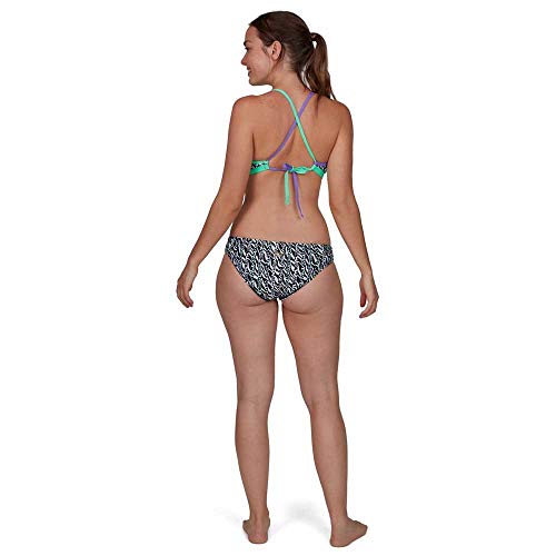 Speedo Electricstripe Allover Tie-Back Crop Top Parte Superior Bikini, Mujer, Black/White/Green Glow/Ultraviolet, 32