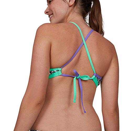 Speedo Electricstripe Allover Tie-Back Crop Top Parte Superior Bikini, Mujer, Black/White/Green Glow/Ultraviolet, 32