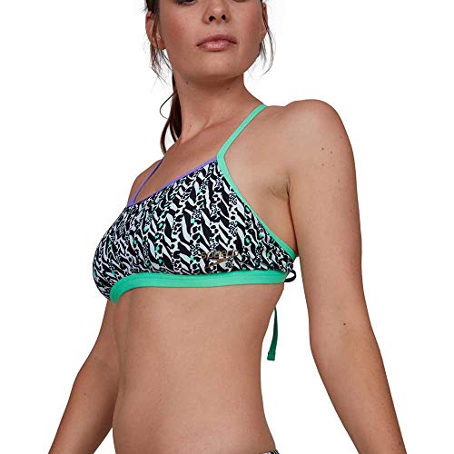 Speedo Electricstripe Allover Tie-Back Crop Top Parte Superior Bikini, Mujer, Black/White/Green Glow/Ultraviolet, 32