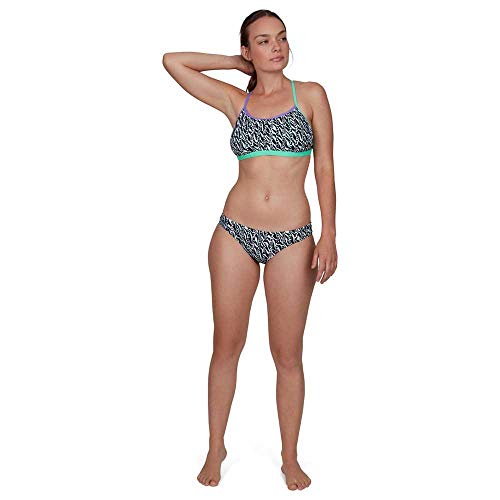 Speedo Electricstripe Allover Tie-Back Crop Top Parte Superior Bikini, Mujer, Black/White/Green Glow/Ultraviolet, 32