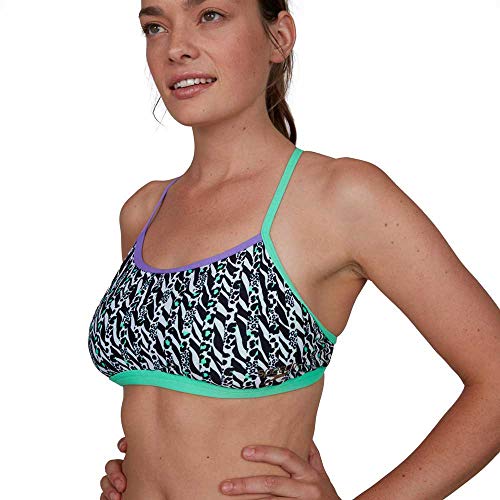 Speedo Electricstripe Allover Tie-Back Crop Top Parte Superior Bikini, Mujer, Black/White/Green Glow/Ultraviolet, 32